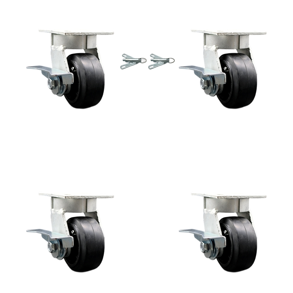 SCC-KP30S420-RSR-SLB-BSL-2-SLB-2 Kingpinless Rubber on Cast Iron Swivel Top Plate Caster with 4 x 2 in. Black Wheels - 1600 lbs Capacity - Set of 4