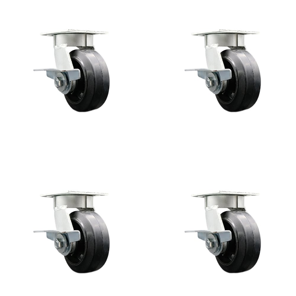 SCC-KP30S520-RSR-SLB-4 Kingpinless Rubber on Cast Iron Swivel Top Plate Caster with 5 x 2 in. Black Wheels - 1600 lbs Total Capacity - Set of 4