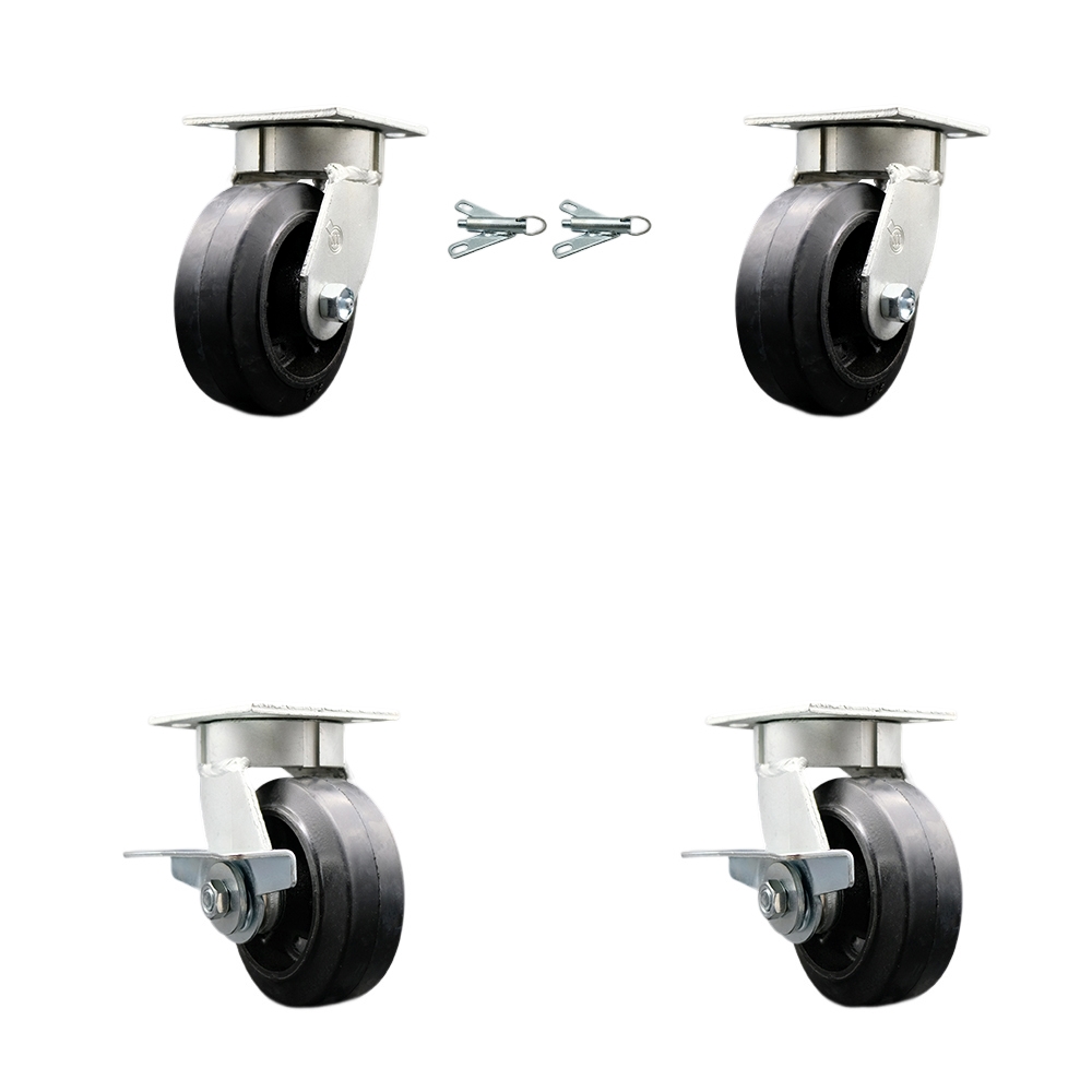 SCC-KP30S520-RSR-BSL-2-SLB-2 Kingpinless Rubber on Cast Iron Swivel Top Plate Caster with 5 x 2 in. Black Wheels - 1600 lbs Total Capacity - Set of 4