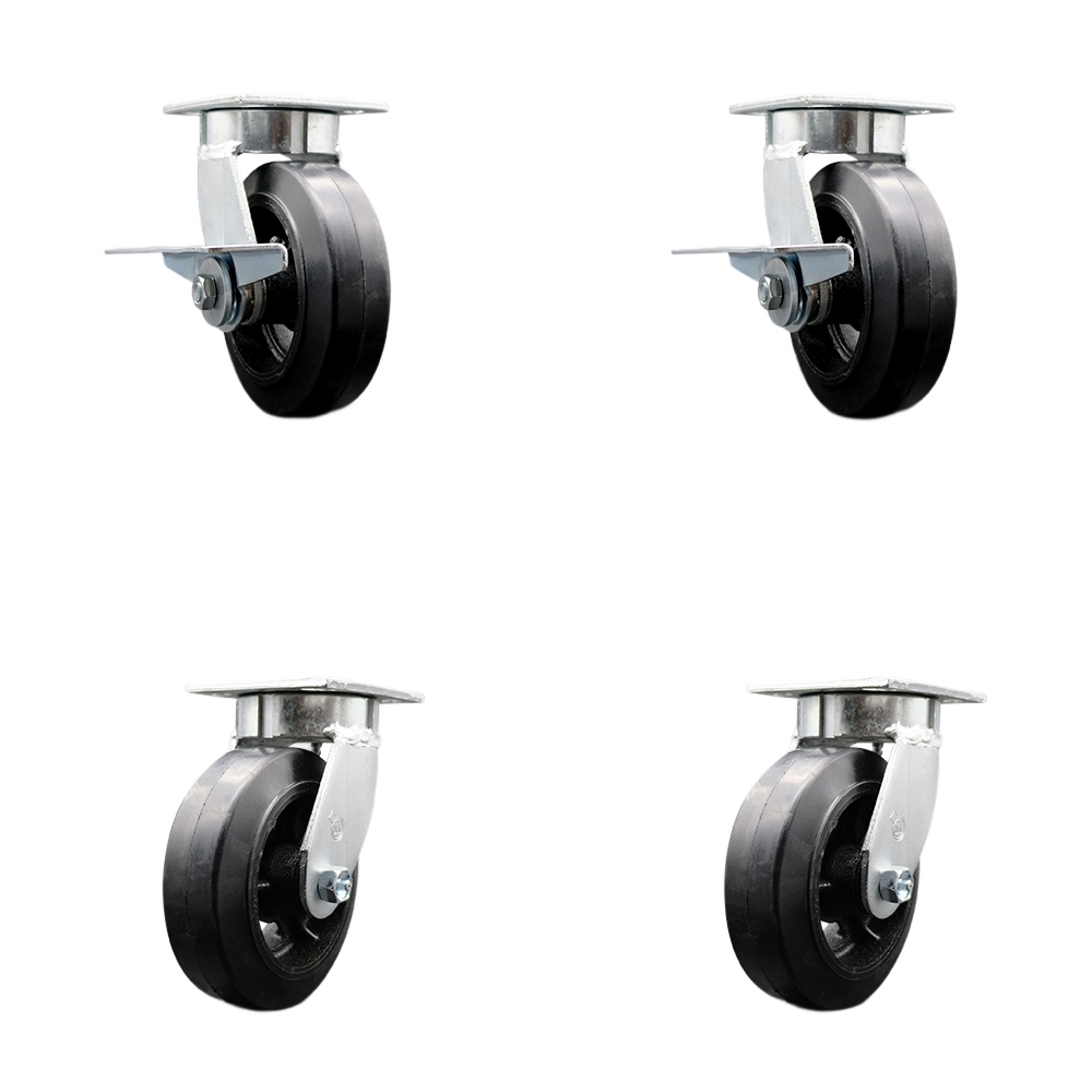 SCC-KP30S620-RSR-SLB-BSL-2-BSL-2 Kingpinless Rubber on Cast Iron Swivel Top Plate Caster with 6 x 2 in. Black Wheels - 1800 lbs Capacity - Set of 4
