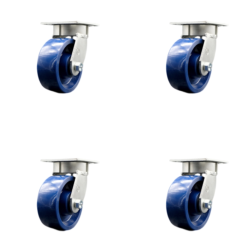 SCC-KP30S520-SPUR-4 Kingpinless Solid Polyurethane Swivel Top Plate Caster with 5 x 2 in. Blue Wheels - 4000 lbs Total Capacity - Set of 4