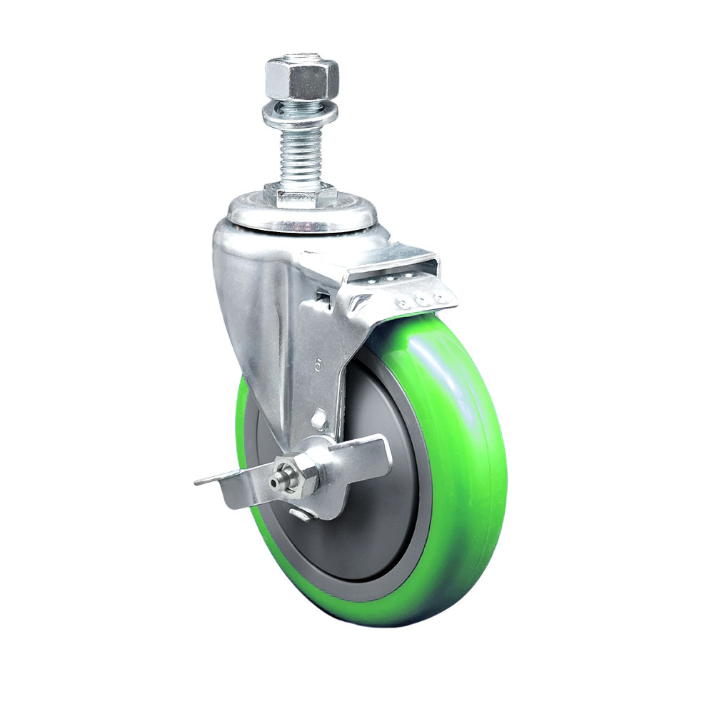 Stainless Steel Polyurethane Swivel Threaded Stem Caster with 5 x 1.25 in. Green Wheel & 12 mm Stem & Top Locking Brake