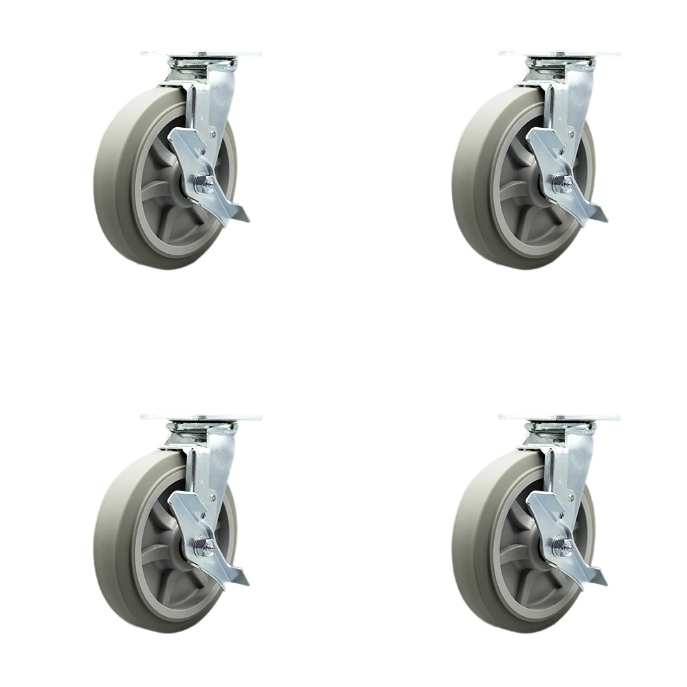 Stainless Steel Thermoplastic Rubber Flat Tread Swivel Top Plate Casters, Heavy Duty with 8 in. Wheels - 2400 lbs Total Capacity - Set of 4