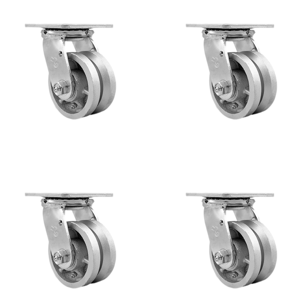 SCC-30CS420-VGR-BSL-4 V Groove Semi Steel Cast Iron Swivel Top Plate Casters, Heavy Duty with 4 in. Wheels - 3200 lbs Total Capacity - Set of 4