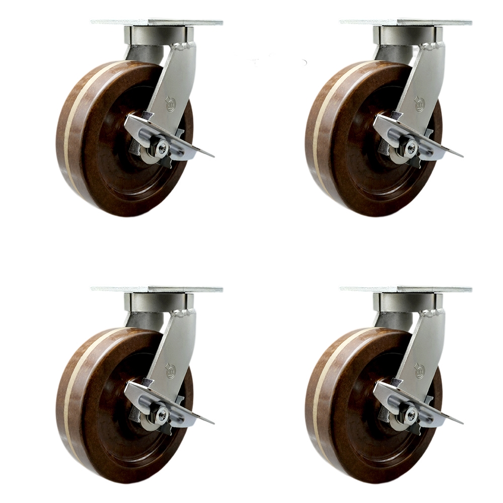 SCC-KP92S1230-PHRHT-SLB-BSL-4 12 in. Swivel Top Plate Caster Set Extra Heavy Duty Casters with High Temperature Phenolic Wheels - Set of 4