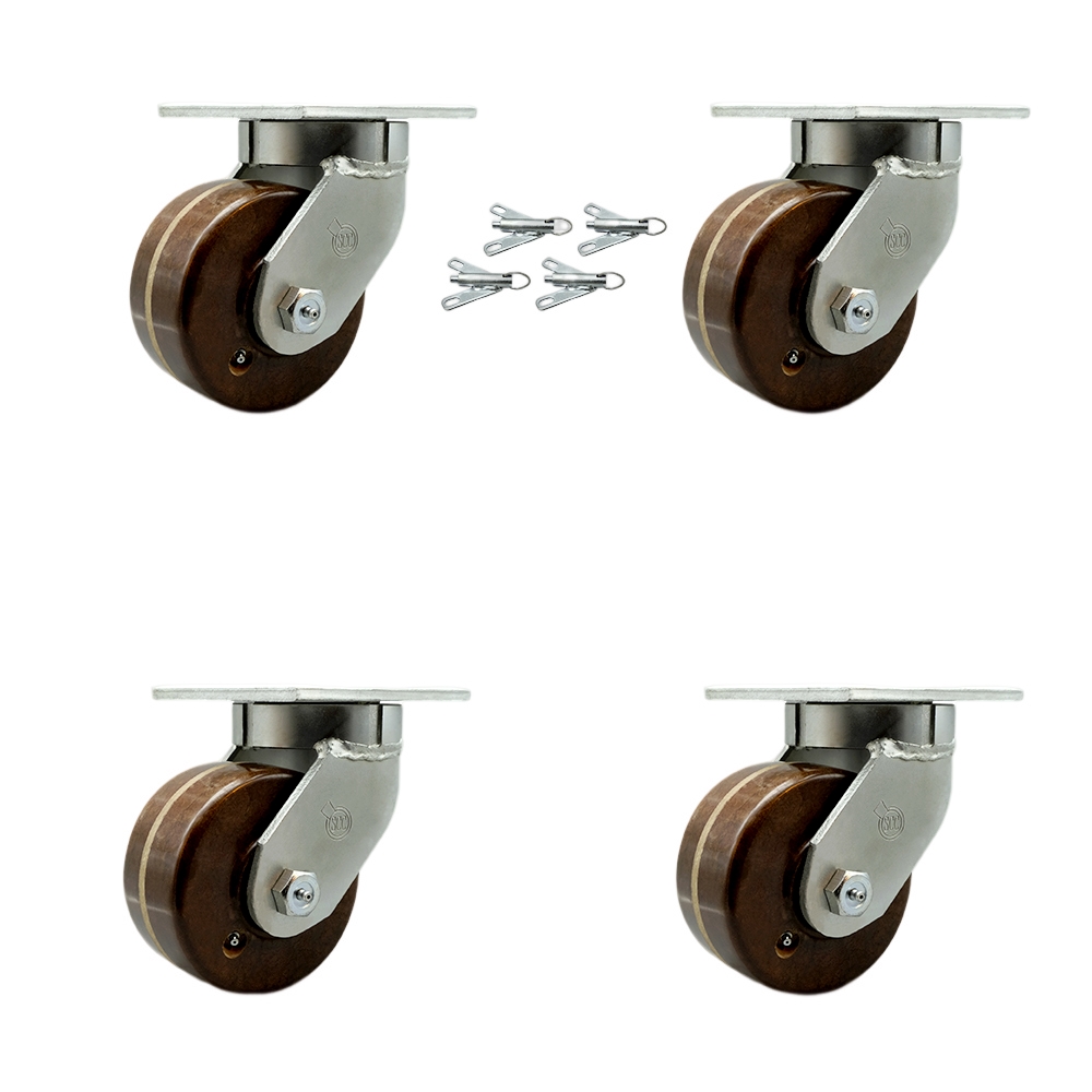SCC-KP92S630-PHRHT-BSL-4 6 in. Swivel Top Plate Caster Set Extra Heavy Duty Casters with High Temperature Phenolic Wheels - Set of 4
