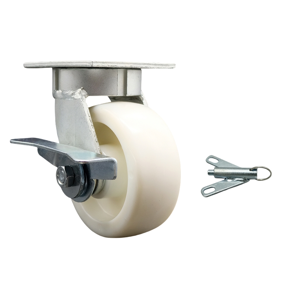 Kingpinless Nylon Swivel Top Plate Caster with 5 x 2 in. White Wheel & Side Lock Brake & Bolt on Swivel Lock - 900 lbs Capacity per Caster