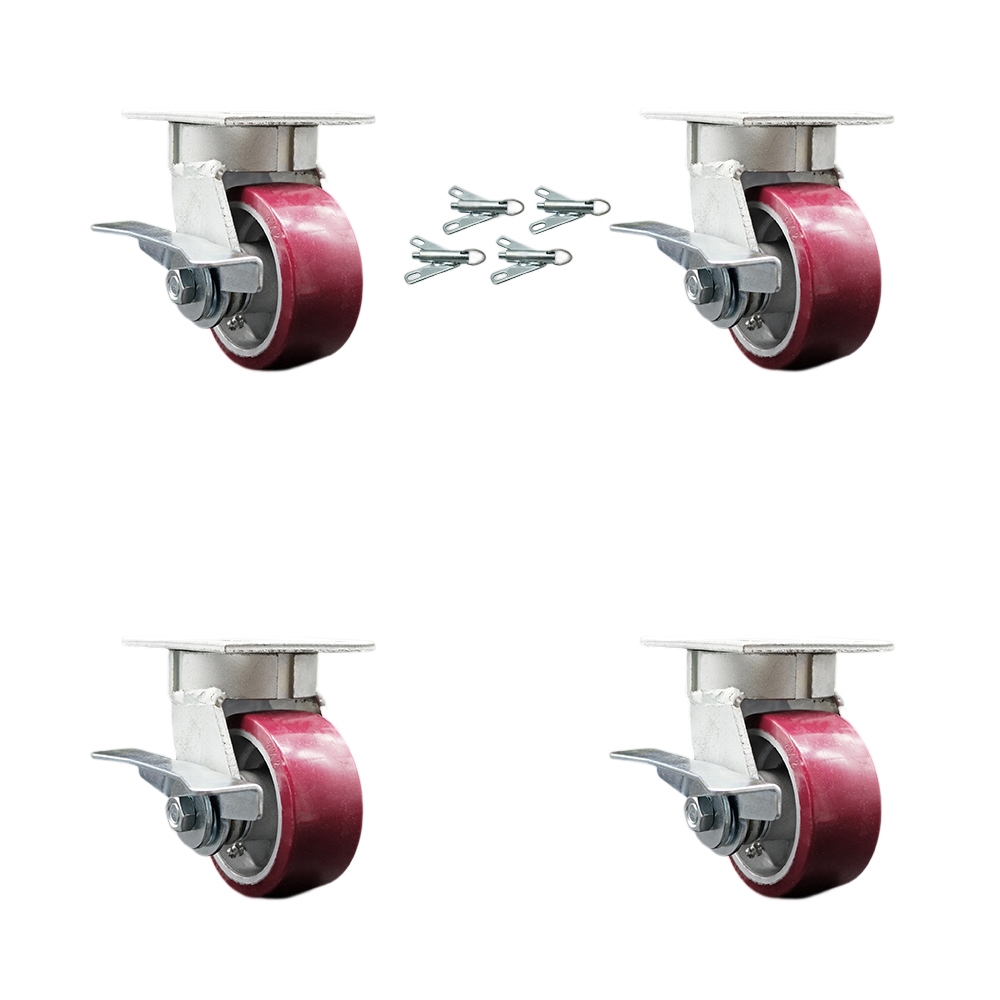 Kingpinless Polyurethane on Aluminum Swivel Top Plate Caster with 4 x 2 in. Maroon Wheels - 2800 lbs Total Capacity - Set of 4