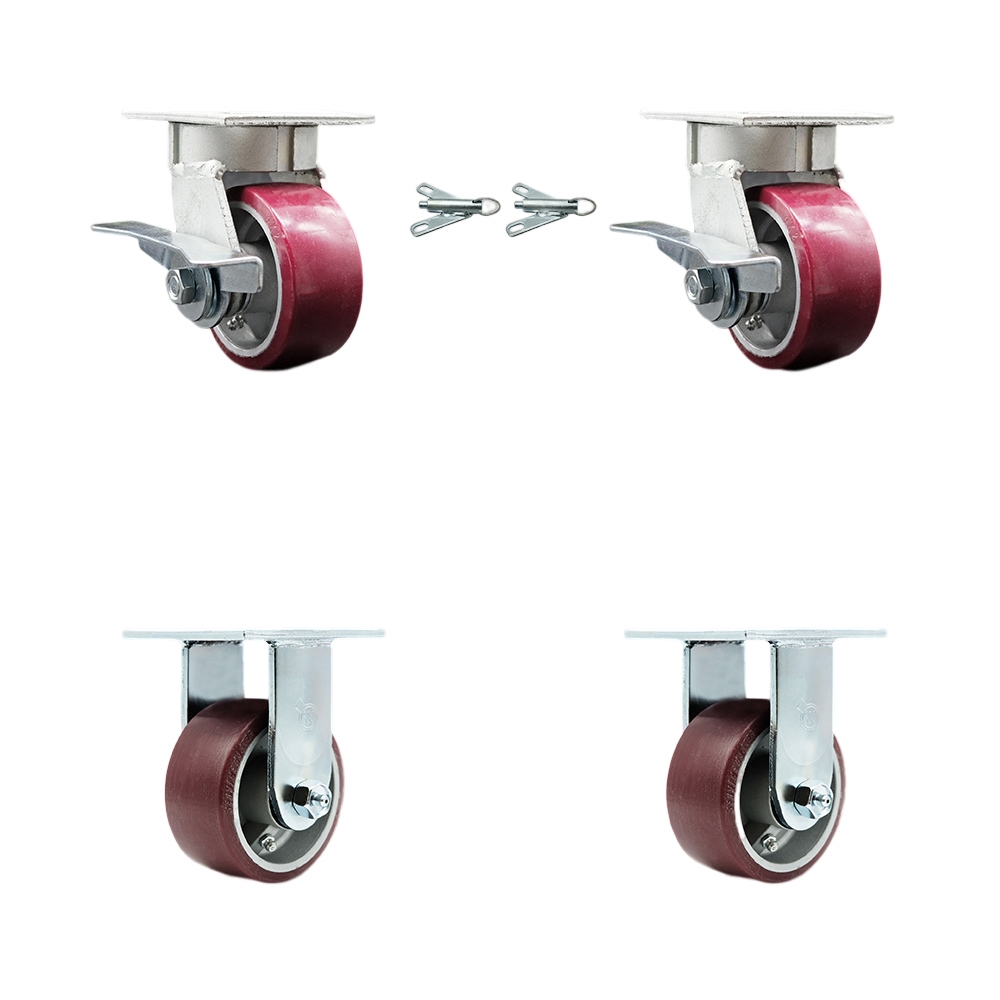 Kingpinless Polyurethane on Aluminum Swivel Top Plate Caster with 4 x 2 in. Maroon Wheels - 2800 lbs Capacity - Set of 4