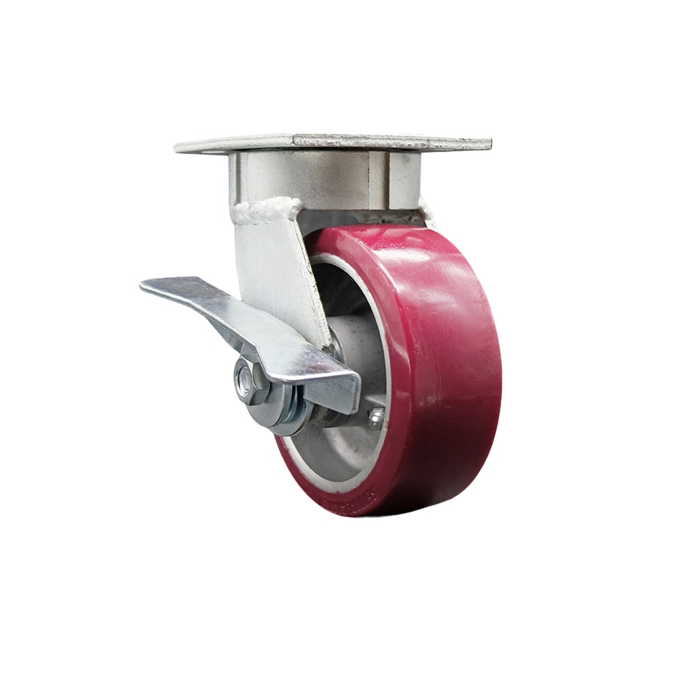 Kingpinless Polyurethane on Aluminum Swivel Top Plate Caster with 5 x 2 in. Maroon Wheel & Side Lock Brake - 900 lbs Capacity per Caster