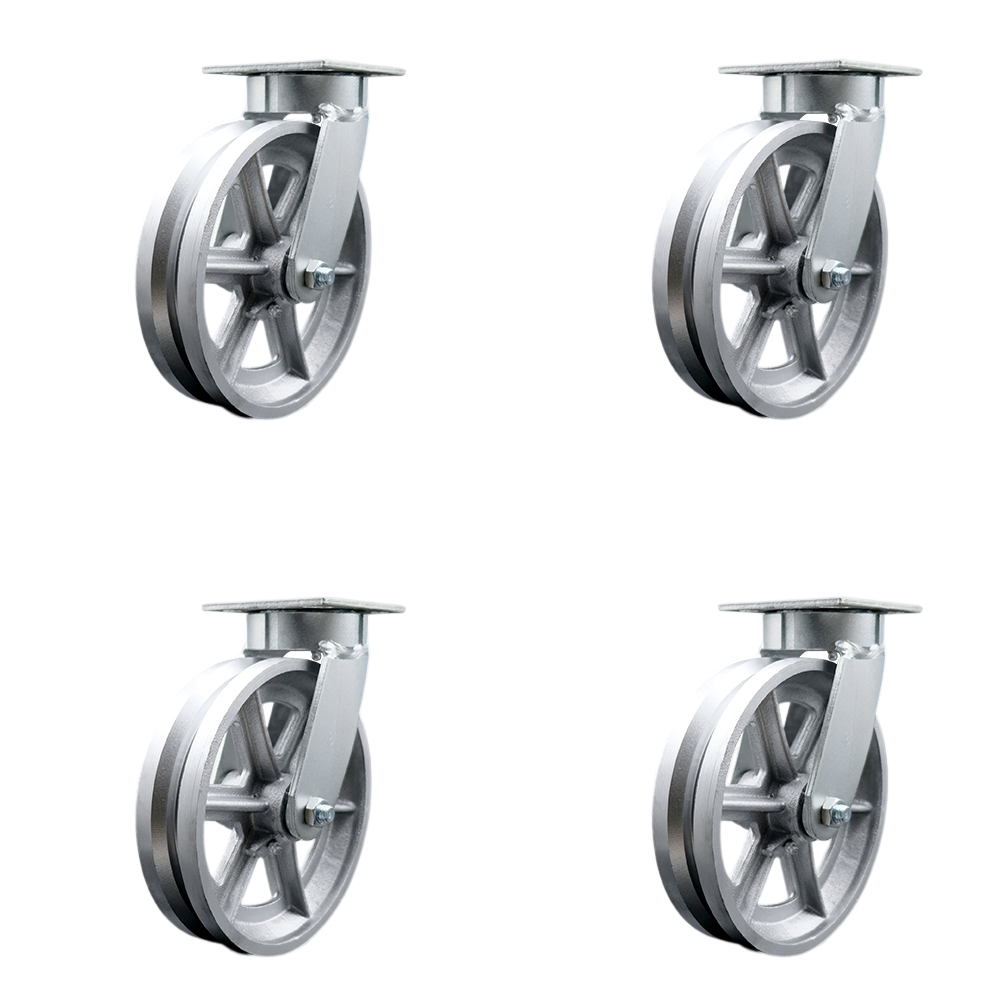 SCC-KP30S820-VGR-4 Kingpinless V Groove Semi Steel Swivel Top Plate Caster with 8 x 2 in. Silver Wheels - 5000 lbs Total Capacity - Set of 4