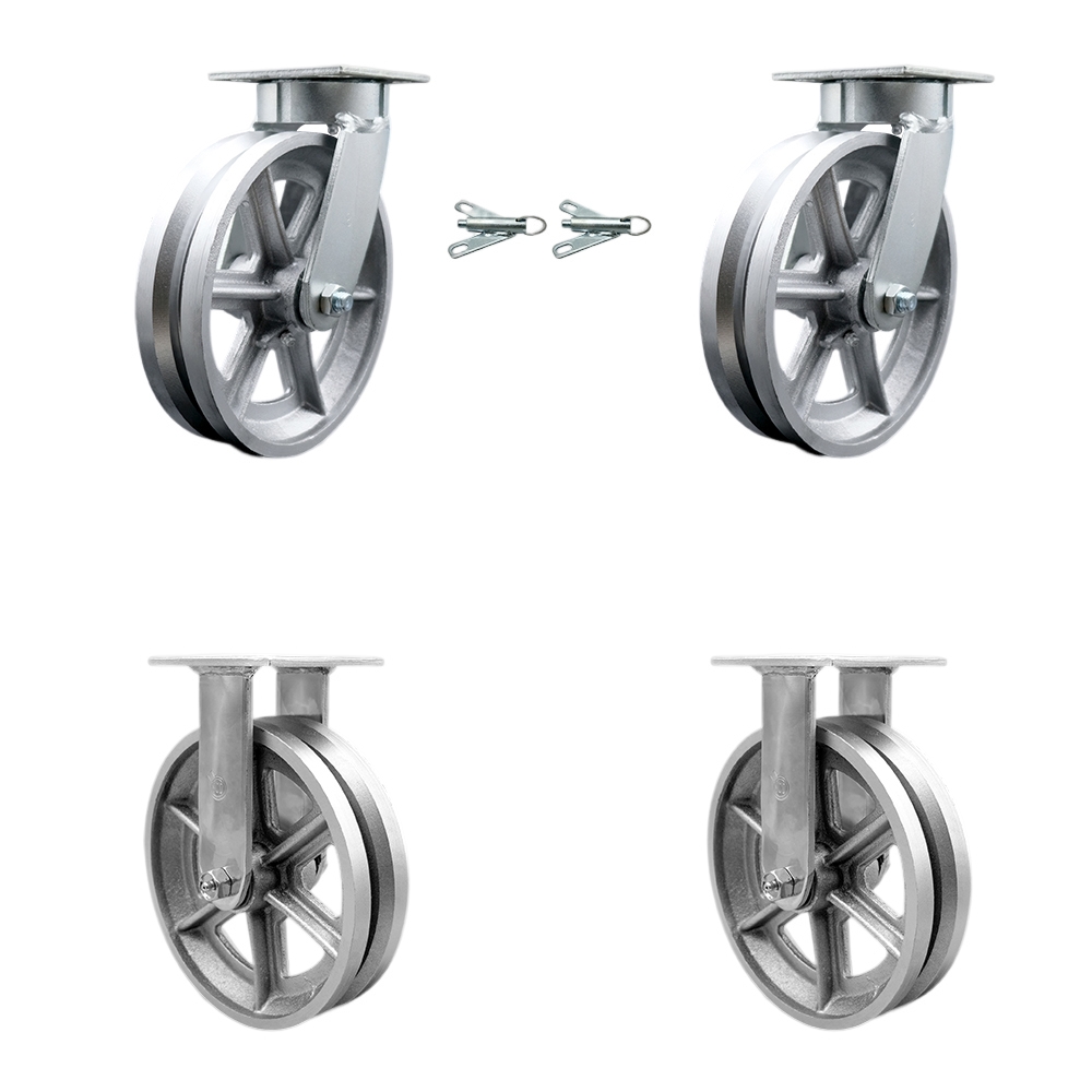 SCC-KP30S820-VGR-BSL-2-R-2 Kingpinless V Groove Semi Steel Swivel Top Plate Caster with 8 x 2 in. Silver Wheels - 5000 lbs Total Capacity - Set of 4