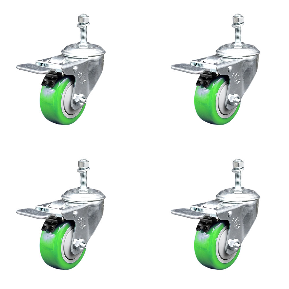 Stainless Steel Polyurethane Swivel Threaded Stem Caster with 3.5 x 1.25 in. Green Wheels & 10 mm Stems - Set of 4