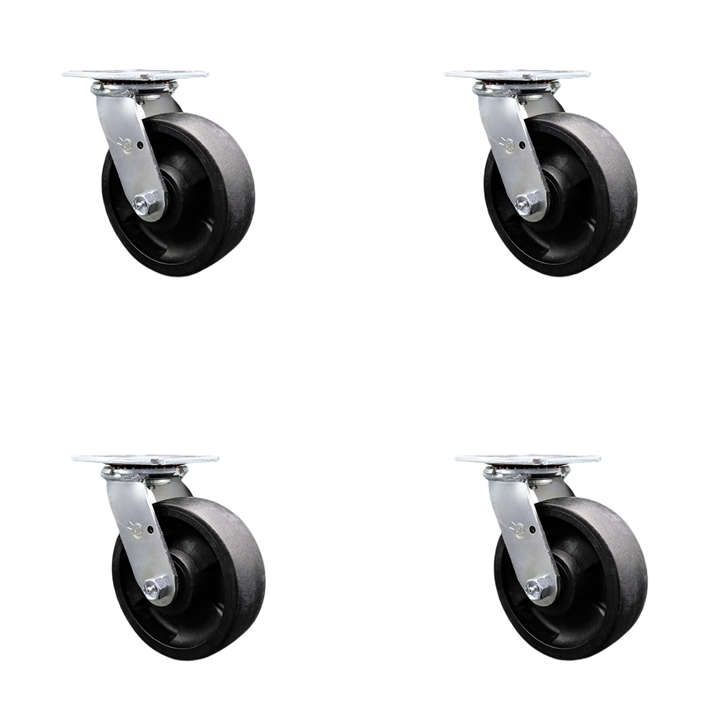 Heavy Duty Swivel Caster with 6 in. High Temperature Glass Filled Nylon Wheels & Ball Bearings - 5000 lbs Total Capacity - Set of 4
