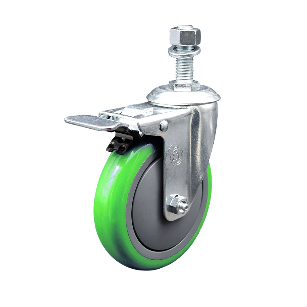 Stainless Steel Polyurethane Swivel Threaded Stem Caster with 5 x 1.25 in. Green Wheel & 0.5 in. Stem & Total Locking Brake