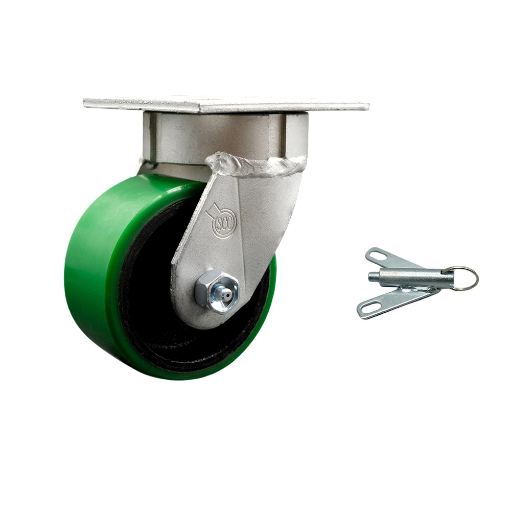 Kingpinless Polyurethane on Cast Iron Swivel Top Plate Caster with 4 x 2 in. Green Wheel & Bolt on Swivel Lock - 700 lbs Capacity per Caster