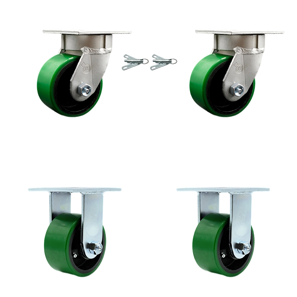 Kingpinless Polyurethane on Cast Iron Swivel Top Plate Caster with 4 x 2 in. Green Wheels - 2800 lbs Total Capacity - Set of 4