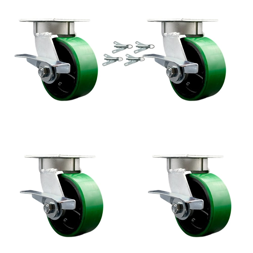 Kingpinless Polyurethane on Cast Iron Swivel Top Plate Caster with 5 x 2 in. Green Wheels - 3600 lbs Total Capacity - Set of 4