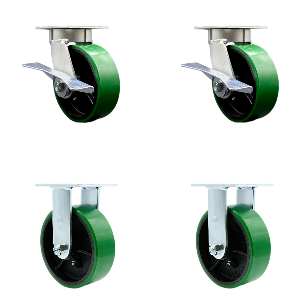 Kingpinless Polyurethane on Cast Iron Swivel Top Plate Caster with 6 x 2 in. Green Wheels - 4800 lbs Total Capacity - Set of 4