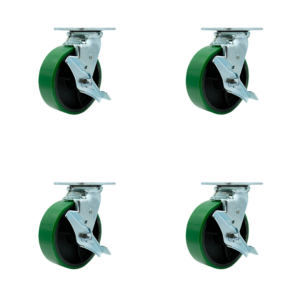 SCC-KP30S620-PUR-GB-SLB-BSL-2-SLB-2 Kingpinless Poly on Cast Iron Swivel Top Plate Caster with 6 x 2 in. Green Wheels - 4800 lbs Capacity - Set of 4