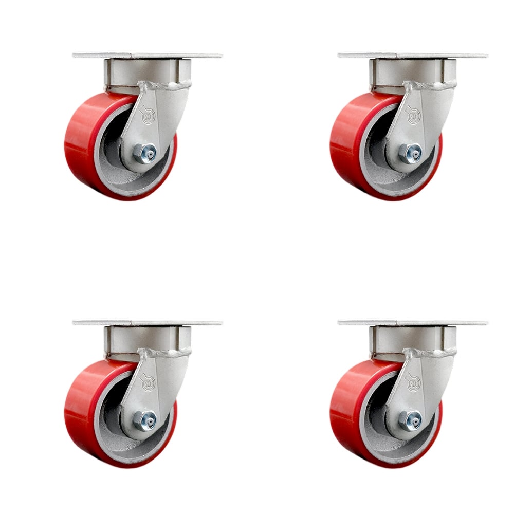 SCC-KP30S420-PUR-RS-4 Kingpinless Polyurethane on Cast Iron Swivel Top Plate Caster with 4 x 2 in. Red Wheels - 2800 lbs Total Capacity - Set of 4