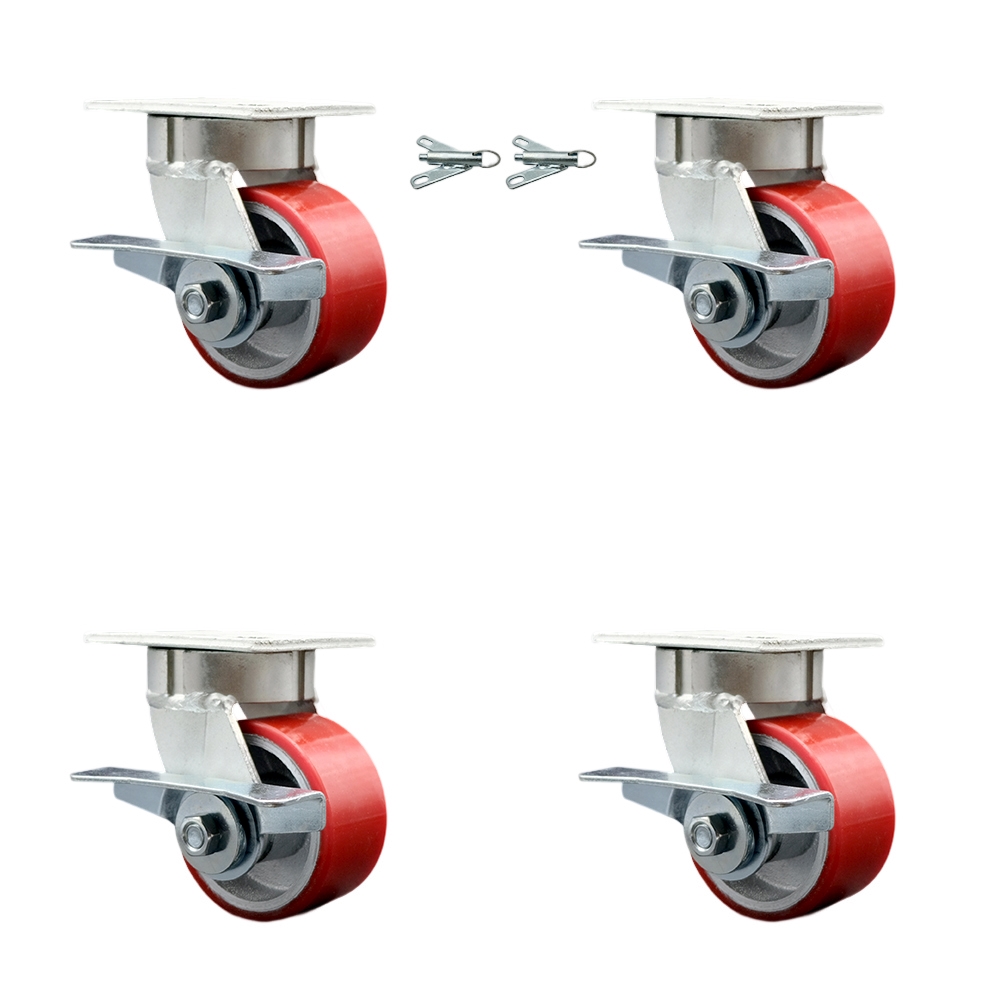 SCC-KP30S420-PUR-RS-SLB-BSL-2-SLB-2 Kingpinless Poly on Cast Iron Swivel Top Plate Caster with 4 x 2 in. Red Wheels - 2800 lbs Capacity - Set of 4