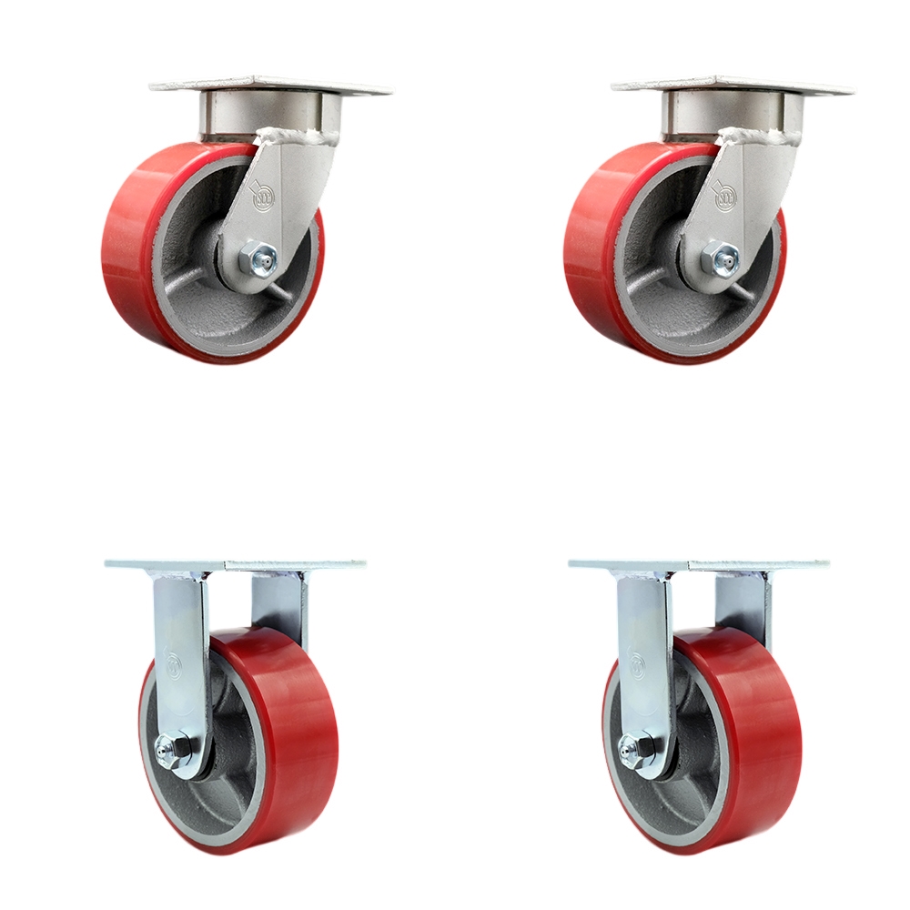 Kingpinless Polyurethane on Cast Iron Swivel Top Plate Caster with 5 x 2 in. Red Wheels - 3600 lbs Total Capacity - Set of 4