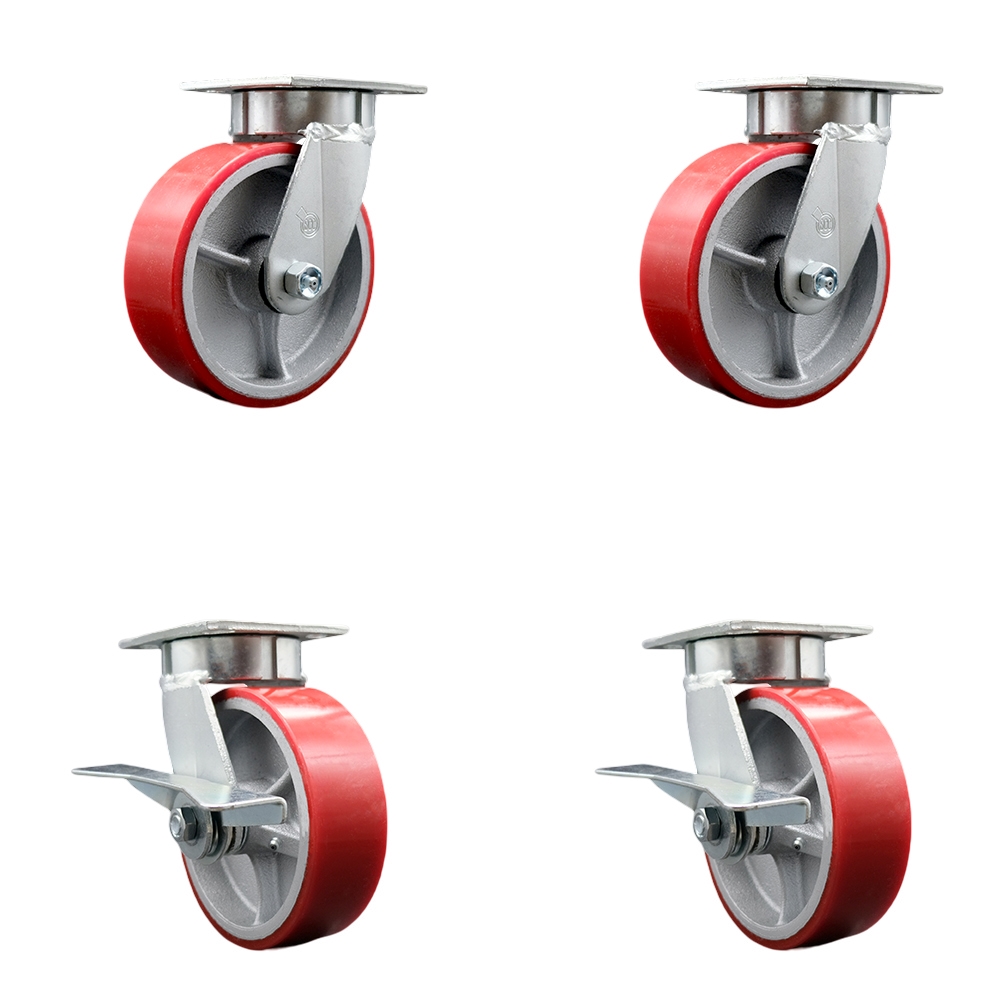 Kingpinless Polyurethane on Cast Iron Swivel Top Plate Caster with 6 x 2 in. Red Wheels - 4800 lbs Capacity - Set of 4