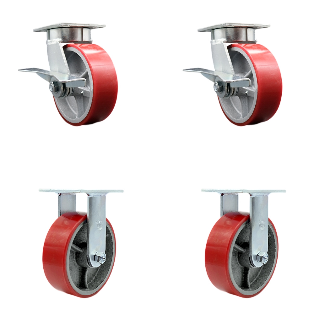 Kingpinless Polyurethane on Cast Iron Swivel Top Plate Caster with 6 x 2 in. Red Wheels - 4800 lbs Total Capacity - Set of 4