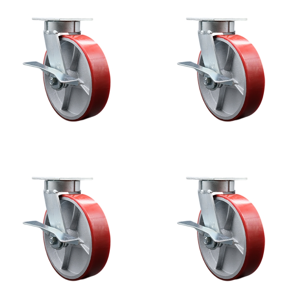 Kingpinless Polyurethane on Cast Iron Swivel Top Plate Caster with 8 x 2 in. Red Wheels - 5000 lbs Total Capacity - Set of 4