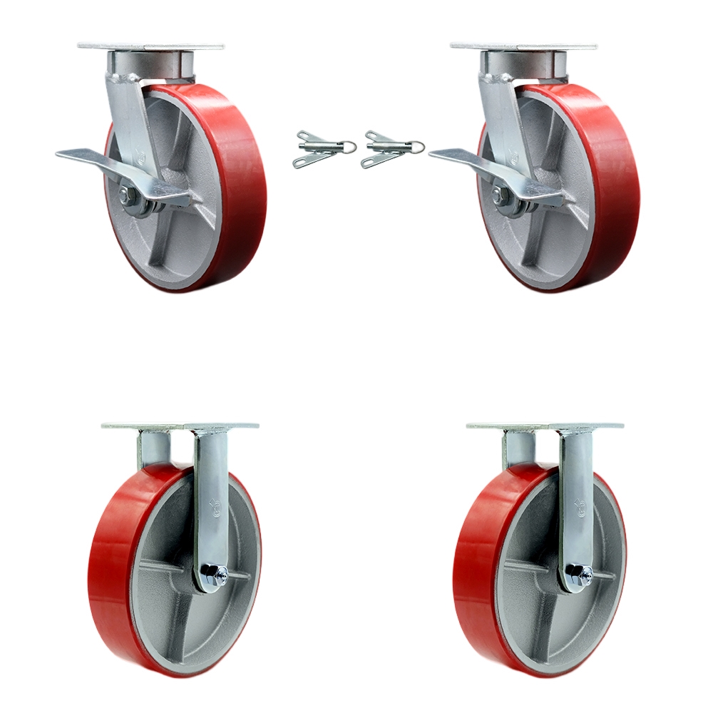 Kingpinless Polyurethane on Cast Iron Swivel Top Plate Caster with 8 x 2 in. Red Wheels - 5000 lbs Total Capacity - Set of 4
