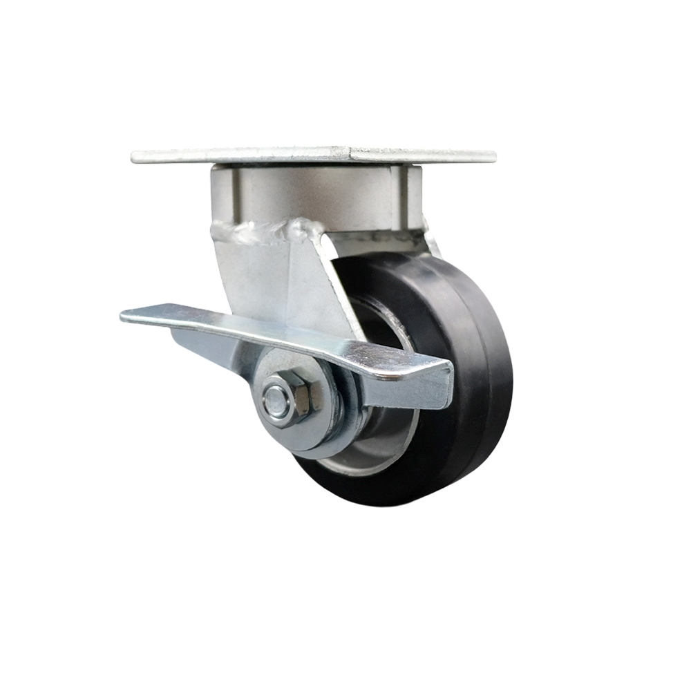 Kingpinless Rubber on Aluminum Swivel Top Plate Caster with 4 x 2 in. Black Wheel & Side Lock Brake - 400 lbs Capacity per Caster