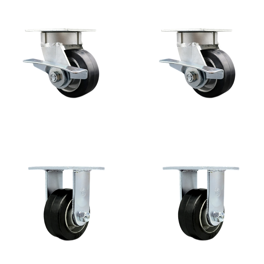 SCC-KP30S420-RAR-SLB-2-R-2 Kingpinless Rubber on Aluminum Swivel Top Plate Caster with 4 x 2 in. Black Wheels - 1600 lbs Total Capacity - Set of 4