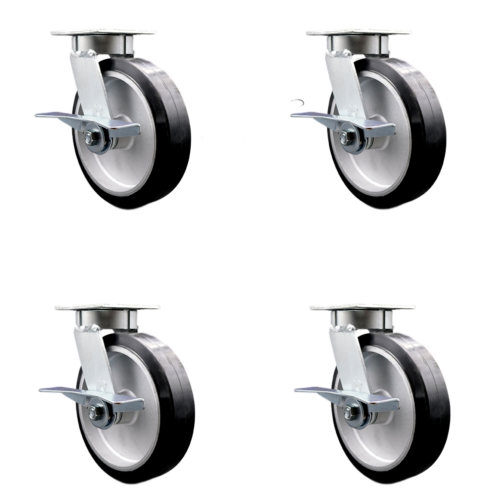 SCC-KP30S820-RAR-SLB-BSL-4 Kingpinless Rubber on Aluminum Swivel Top Plate Caster with 8 x 2 in. Black Wheels - 2400 lbs Total Capacity - Set of 4
