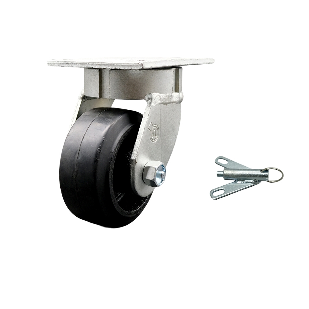 Kingpinless Rubber on Cast Iron Swivel Top Plate Caster with 4 x 2 in. Black Wheel & Bolt on Swivel Lock - 400 lbs Capacity per Caster