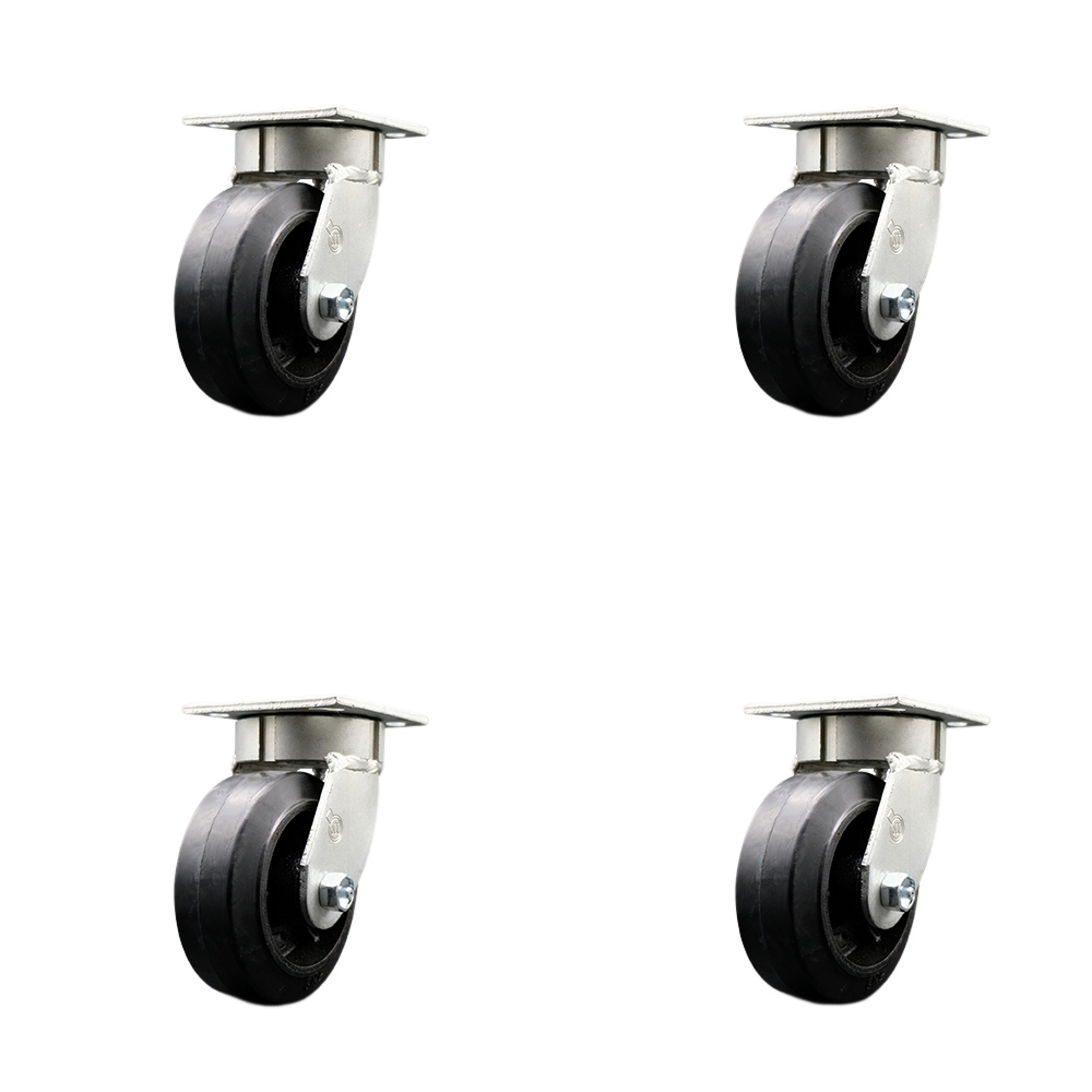 SCC-KP30S520-RSR-BSL-4 Kingpinless Rubber on Cast Iron Swivel Top Plate Caster with 5 x 2 in. Black Wheels - 1600 lbs Total Capacity - Set of 4