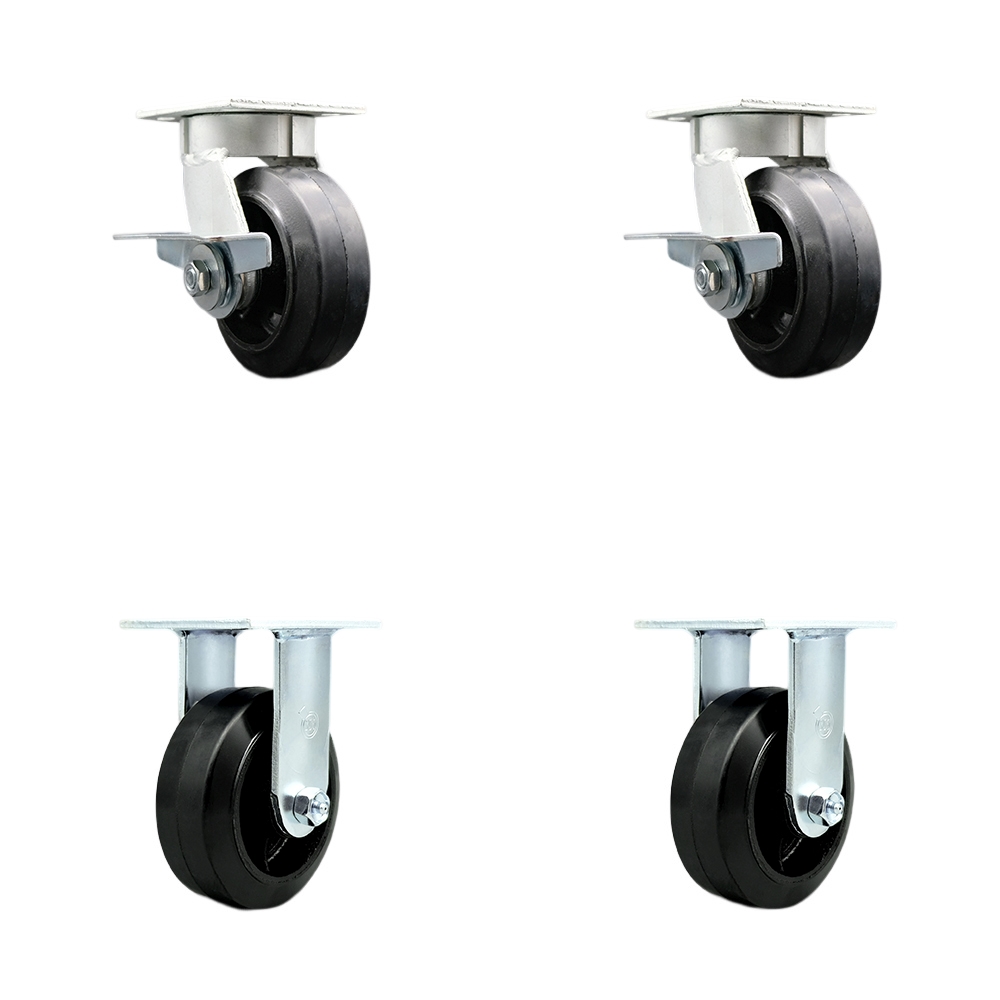 SCC-KP30S520-RSR-SLB-2-R-2 Kingpinless Rubber on Cast Iron Swivel Top Plate Caster with 5 x 2 in. Black Wheels - 1600 lbs Total Capacity - Set of 4