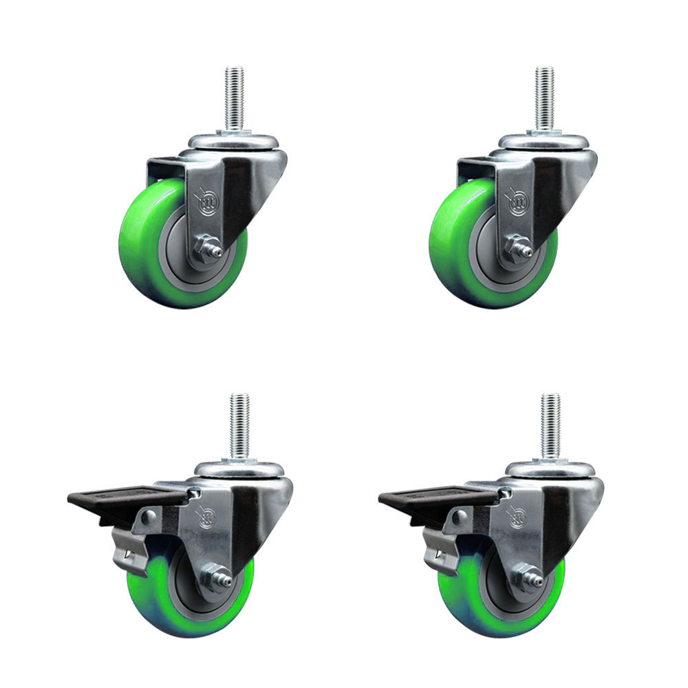 SCC-TS20S314-PPUB-GRN-34212-2-PLB-2 Polyurethane Swivel Threaded Stem Caster with 3 x 1.25 in. Green Wheels & 0.75 in. Stems - Set of 4