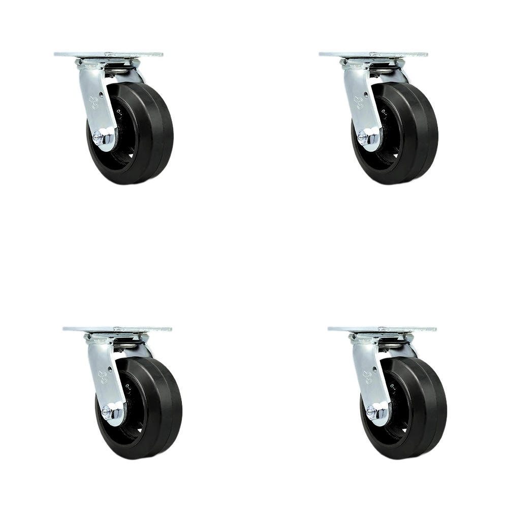 SCC-30CS520-RSR-BSL-4 Rubber on Metal Swivel Top Plate Casters, Heavy Duty with 5 in. Wheels - 1600 lbs Total Capacity - Set of 4