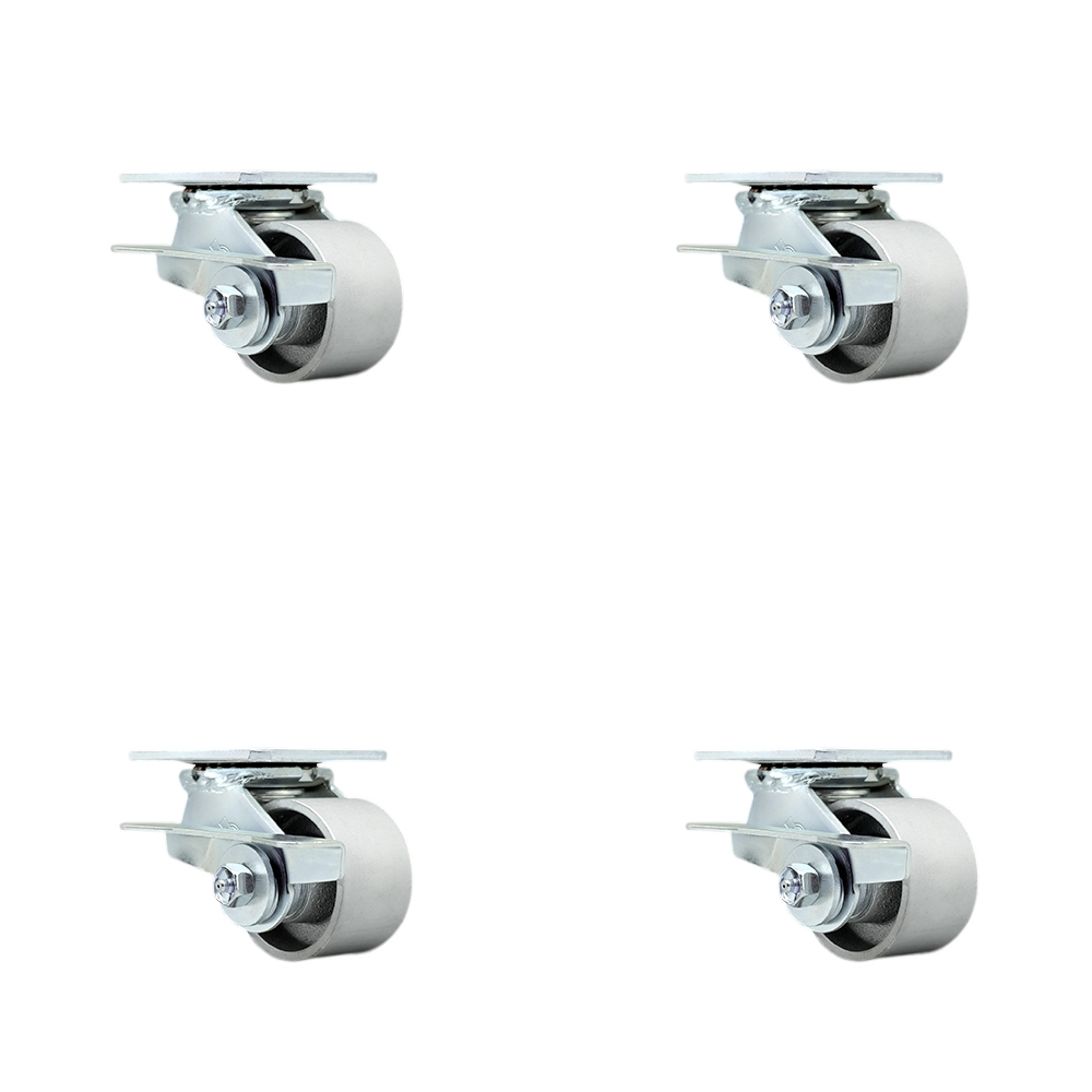 SCC-30CS3420-SSR-SLB-BSL-4 Semi Steel Cast Iron Swivel Top Plate Casters, Heavy Duty with 3.25 in. Wheels - 2800 lbs Total Capacity - Set of 4