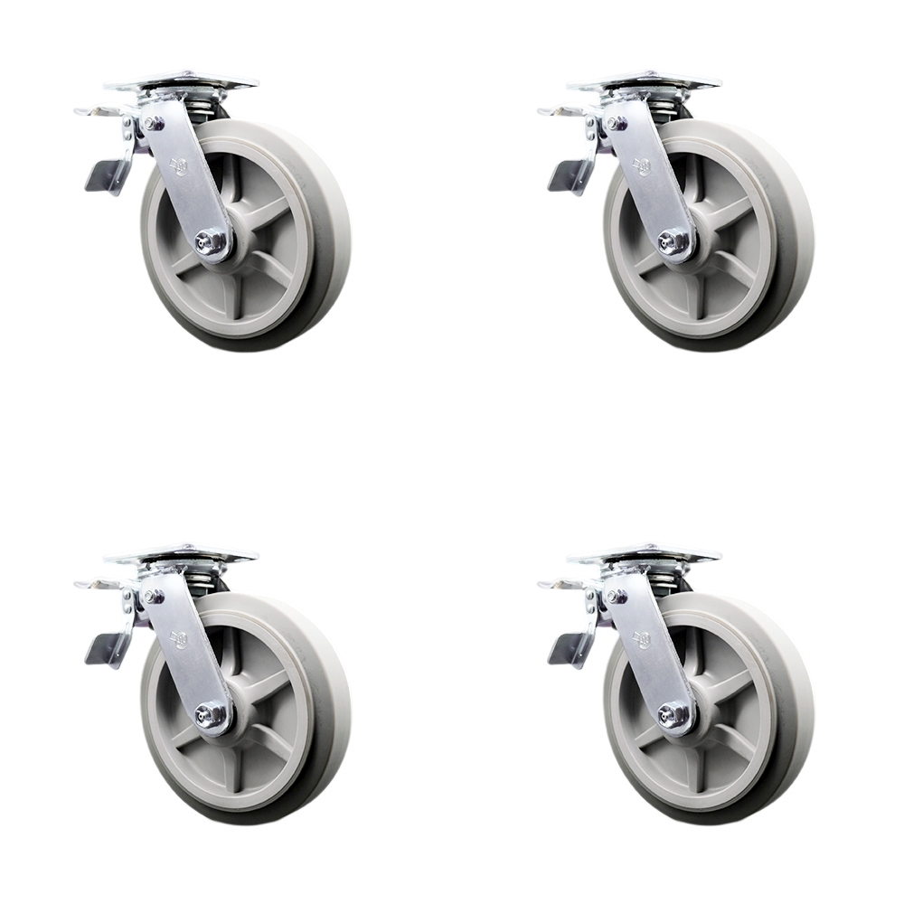 SCC-TTL30S820-TPRRF-4 Thermoplastic Rubber Flat Tread Swivel Top Plate Casters, Heavy Duty with 8 in. Wheels - 2400 lbs Total Capacity - Set of 4