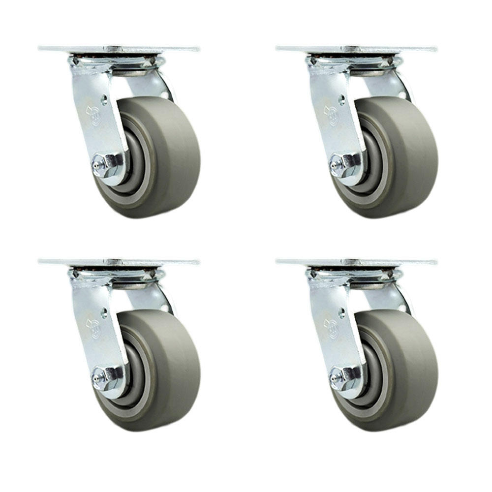 Stainless Steel Thermoplastic Rubber Flat Tread Swivel Top Plate Casters, Heavy Duty with 4 in. Wheels - 1200 lbs Total Capacity - Set of 4