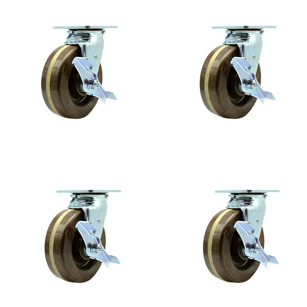 SCC-30CS620-PHRHT-TLB-BSL-4 High Temperature Phenolic Swivel Top Plate Casters, Heavy Duty with 6 in. Wheels - 4800 lbs Total Capacity - Set of 4