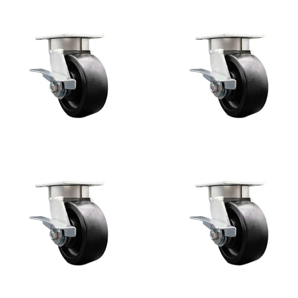 SCC-KP30S520-GFNR-BSL-4 Kingpinless Glass Filled Nylon Swivel Top Plate Caster with 5 x 2 in. Black Wheels - 5000 lbs Total Capacity - Set of 4