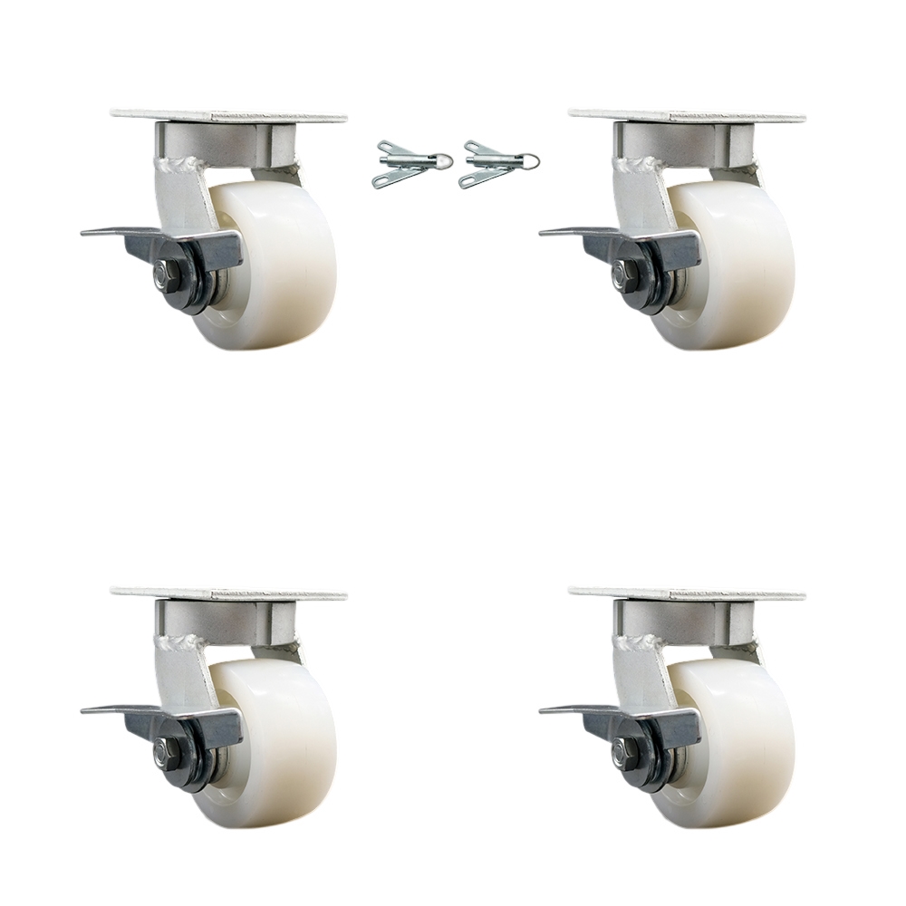 SCC-KP30S420-NYR-SLB-BSL-2-SLB-2 Kingpinless Nylon Swivel Top Plate Caster with 4 x 2 in. White Wheels - 3200 lbs Capacity - Set of 4