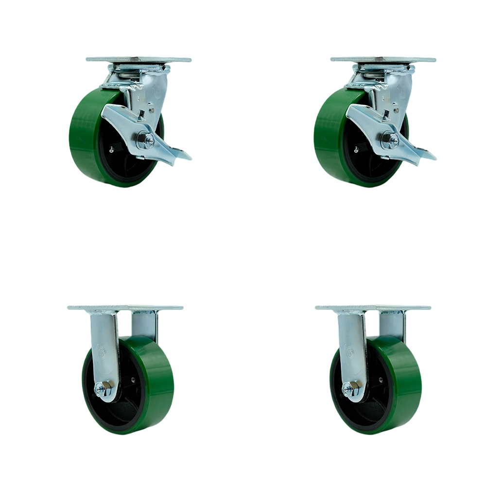 Heavy Duty Swivel Caster with 5 in. Green Polyurethane on Cast Iron Wheels & Ball Bearings - 4000 lbs Total Capacity - Set of 4