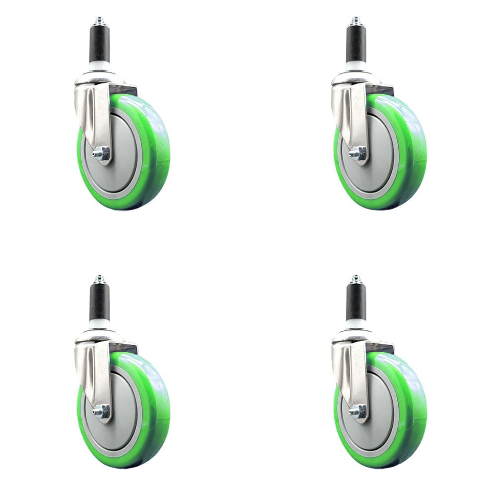 Polyurethane Swivel Stem Caster with 5 in. Green Caster Wheels, 1.38 in. Expanding Stems - 316 Stainless Steel Casters - Set of 4