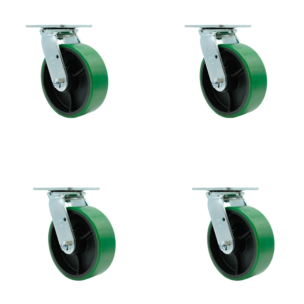 Heavy Duty Swivel Caster with 6 in. Green Polyurethane on Cast Iron Wheels & Ball Bearings - 4800 lbs Total Capacity - Set of 4