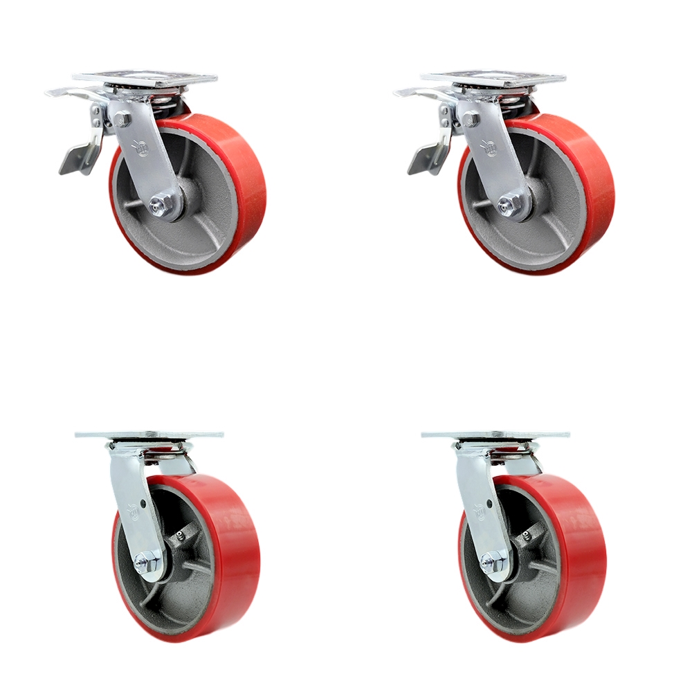 SCC-TTL30S620-PUB-RS-2-S-2 Heavy Duty Swivel Caster Set with 6 in. Red Polyurethane on Cast Iron Wheels & Ball Bearings - 4800 lbs Total Capacity