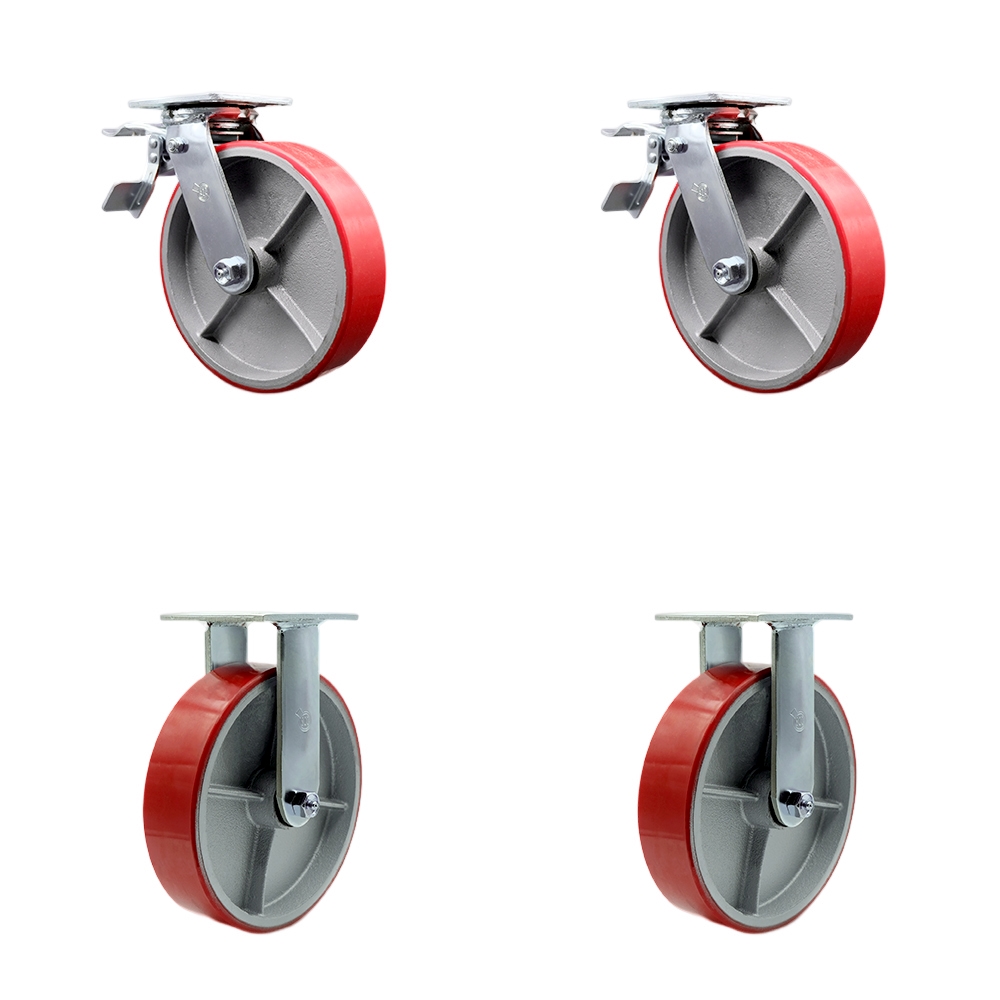 Heavy Duty Swivel Caster with 8 in. Red Polyurethane on Cast Iron Wheels & Ball Bearings - 5000 lbs Total Capacity - Set of 4